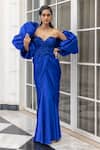Buy_House Of Armuse_Blue Satin Sequins, Beads, Embroidery Corset Gown With Structured Cape _at_Aza_Fashions