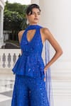 House Of Armuse_Blue Net Beads, Embroidery, Sequins V-neck, Beadwork Peplum Kurta Sharara Set _Online_at_Aza_Fashions