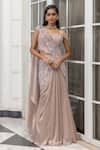 Buy_House Of Armuse_Peach Crinkle Sequins, Beads, Embroidery Corset And Pre-draped Saree Set _at_Aza_Fashions
