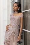 Buy_House Of Armuse_Peach Crinkle Sequins, Beads, Embroidery Corset And Pre-draped Saree Set _Online_at_Aza_Fashions