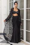 Buy_House Of Armuse_Black Satin Sequins, Embroidery, Cut Work Open Neck, Jacket And Draped Skirt Set _at_Aza_Fashions