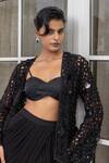 Shop_House Of Armuse_Black Satin Sequins, Embroidery, Cut Work Open Neck, Jacket And Draped Skirt Set _Online_at_Aza_Fashions