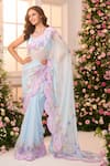 Buy_Label Priyanka Kar_Mint Satin Round Neck Printed Pre-draped Saree Set With Scalloped Border _at_Aza_Fashions