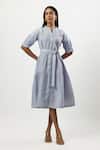 Buy_Linera_Blue Linen Embroidery Mandarin Collar, Split V-neck Cord Tiered Dress _at_Aza_Fashions