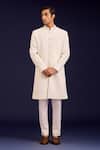 Buy_Devnaagri_Ivory Cotton, Silk, Lycra Embroidery Pintuck Pattern Sherwani And Pant Set _at_Aza_Fashions