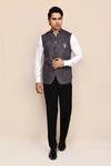 Shop_Arihant Rai Sinha_Gray Brooches Striped Nehru Jacket _Online_at_Aza_Fashions