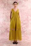 Buy_Doodlage_Green Bemberg, Georgette, Linen Embroidery V-neck Maxi Dress _at_Aza_Fashions