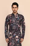 Shop_Arihant Rai Sinha_Black Satin, Shantoon Floral Print Kurta And White Pant Set _Online_at_Aza_Fashions