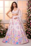 Buy_Label Priyanka Kar_White Satin Beads, Crystals, Sequins, Foil Garden Hand Embroidered Lehenga Set _at_Aza_Fashions