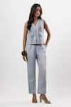 Buy_Linera_Blue Linen Embroidery V-neck Waistcoat And Pant Set _at_Aza_Fashions