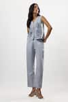 Linera_Blue Linen Embroidery V-neck Waistcoat And Pant Set _at_Aza_Fashions