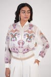 Buy Betrue White Organza Embroidery Crew Neck Artisan Bomber Jacket at Aza Fashions Buy_Betrue_White Organza Embroidery Crew Neck Artisan Bomber Jacket _at_Aza_Fashions