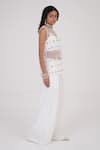 Betrue_White Net Embroidery Round Neck Golden Ivory Top _Online_at_Aza_Fashions