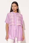 Buy_Linetribe__Purple Viscose, Silk Collared Zephyra Shibori Striped Pattern Shirt _at_Aza_Fashions