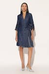 Buy_Linetribe__Blue Denim Beads V-neck, Collared Nebula Embroidered Jacket Dress _at_Aza_Fashions
