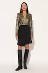 Buy_Linetribe__Gold Crepe Beads V-neck, Collared Veyora Colorblock Jacket Dress _at_Aza_Fashions