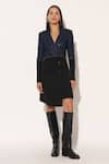Buy_Linetribe__Blue Denim, Crepe Beads V-neck, Collared Veyora Colorblock Jacket Dress _at_Aza_Fashions
