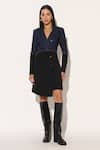 Linetribe__Blue Denim, Crepe Beads V-neck, Collared Veyora Colorblock Jacket Dress _Online_at_Aza_Fashions