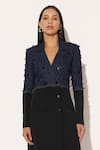 Shop_Linetribe__Blue Denim, Crepe Beads V-neck, Collared Veyora Colorblock Jacket Dress _Online_at_Aza_Fashions
