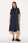Buy_Linetribe__Multi Color Viscose, Silk Metallic Thread Collared, Caelith Colorblock Dress _at_Aza_Fashions