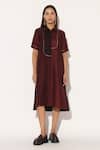 Buy_Linetribe__Wine Viscose, Silk Metallic Thread Collared, Caelith Colorblock Shirt Dress _at_Aza_Fashions
