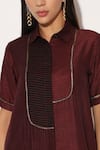 Shop_Linetribe__Wine Viscose, Silk Metallic Thread Collared, Caelith Colorblock Shirt Dress _Online_at_Aza_Fashions