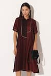 Linetribe__Wine Viscose, Silk Metallic Thread Collared, Caelith Colorblock Shirt Dress _at_Aza_Fashions