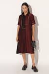 Buy_Linetribe__Wine Viscose, Silk Metallic Thread Collared, Caelith Colorblock Shirt Dress 