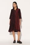 Shop_Linetribe__Wine Silk, Viscose Embroidery Collared, V-neck Ophyra Colorblock A-line Dress _Online_at_Aza_Fashions