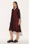 Linetribe__Wine Silk, Viscose Embroidery Collared, V-neck Ophyra Colorblock A-line Dress _at_Aza_Fashions