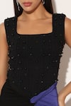 Buy_Linetribe__Blue Crepe Beads, Studs Square Neck Valyra Corsetted Dress _Online_at_Aza_Fashions