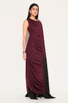 Linetribe__Maroon Crepe Beads Round Neck Callistra Draped Gown _Online_at_Aza_Fashions