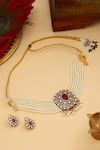 Shop_Ruby Raang_Maroon Pearls, Stones, Faux Diamonds And Kundan Necklace With Stud Earrings _at_Aza_Fashions
