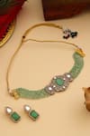 Shop_Ruby Raang_Green Stones, Crystals, And Moissanite Studded Necklace Set _at_Aza_Fashions