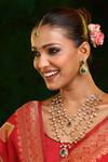 Buy_Ruby Raang_Gold Plated Stones, Rhinestones Layered Kundan And Emerald Necklace Set _at_Aza_Fashions