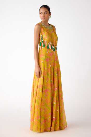 Basanti Kapde aur Koffee_Yellow Organza Mirrors, Tassels, Embroidery, Beads Round Neck Shell Jumpsuit _Online_at_Aza_Fashions