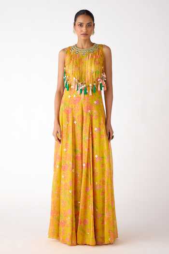 Buy_Basanti Kapde aur Koffee_Yellow Organza Mirrors, Tassels, Embroidery, Beads Round Neck Shell Jumpsuit _at_Aza_Fashions