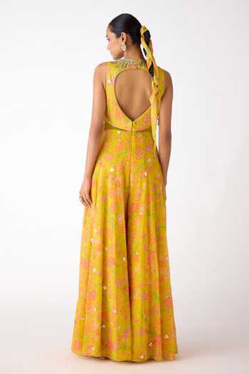 Shop_Basanti Kapde aur Koffee_Yellow Organza Mirrors, Tassels, Embroidery, Beads Round Neck Shell Jumpsuit _at_Aza_Fashions