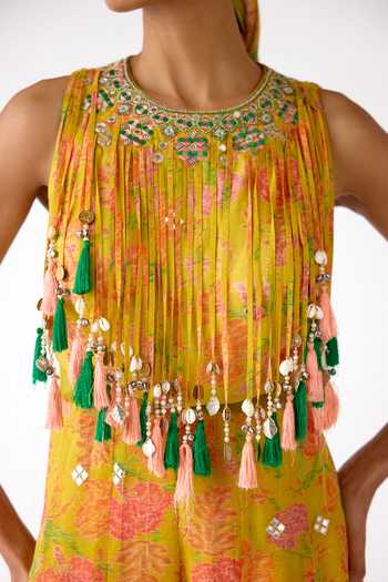 Shop_Basanti Kapde aur Koffee_Yellow Organza Mirrors, Tassels, Embroidery, Beads Round Neck Shell Jumpsuit _Online_at_Aza_Fashions