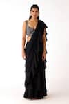 Basanti - Kapde Aur Koffee Black Lycra Stones, Beads, Ruffles Pre-draped Saree With Embroidered Blouse Online at Aza Fashions Basanti - Kapde Aur Koffee_Black Lycra Stones, Beads, Ruffles Pre-draped Saree With Embroidered Blouse_Online_at_Aza_Fashions