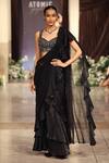 Buy_Basanti - Kapde Aur Koffee_Black Lycra Stones, Beads, Ruffles Pre-draped Saree With Embroidered Blouse_at_Aza_Fashions