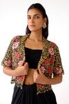 Basanti - Kapde Aur Koffee_Black Viscose, Lycra, Silk Embroidery, Floral Crop Jacket And Draped Skirt Set_at_Aza_Fashions