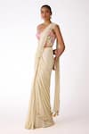 Basanti Kapde aur Koffee_Off White Georgette Beads, Mirrors, Embroidery, Pre-draped Saree With Blouse _Online_at_Aza_Fashions