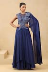 Buy_K-Anshika_Blue Crepe Sequins, Beads, Metallic Thread Round Neck Embroidered Saree Gown _at_Aza_Fashions