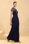 K-Anshika_Navy Georgette Sequins, Beads Round Neck Embellished Draped Gown _Online_at_Aza_Fashions