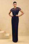 Buy_K-Anshika_Navy Georgette Sequins, Beads Round Neck Embellished Draped Gown _at_Aza_Fashions