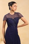 Buy_K-Anshika_Navy Georgette Sequins, Beads Round Neck Embellished Draped Gown _Online_at_Aza_Fashions