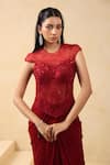 K-Anshika_Maroon Georgette Sequins, Beads, Lace Round Embellished Top With Draped Skirt _Online_at_Aza_Fashions