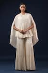 Buy_K-Anshika_Off White Georgette Embroidery, Zari, Beads Round Neck Cape Top With Palazzo _at_Aza_Fashions