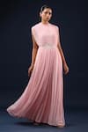 Buy_K-Anshika_Pink Crepe Sequins, Beads, Embroidery, Pearls High Neck Embellished Gown _at_Aza_Fashions